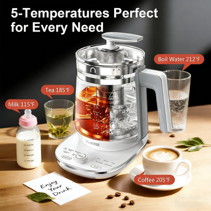ICOOKPOT 1200w Electric Kettle, 1.5L Borosilicate Glass tea kettle, Hot water kettle electric for Coffee or Tea, BPA Free, Auto Shut-Off, Stainless Steel, Fast Boil, White