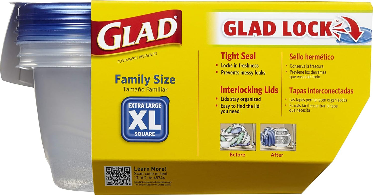 GladWare Family Size Food Storage Containers, XL Large Square Containers Hold Up to 104 Ounces, Set of 3