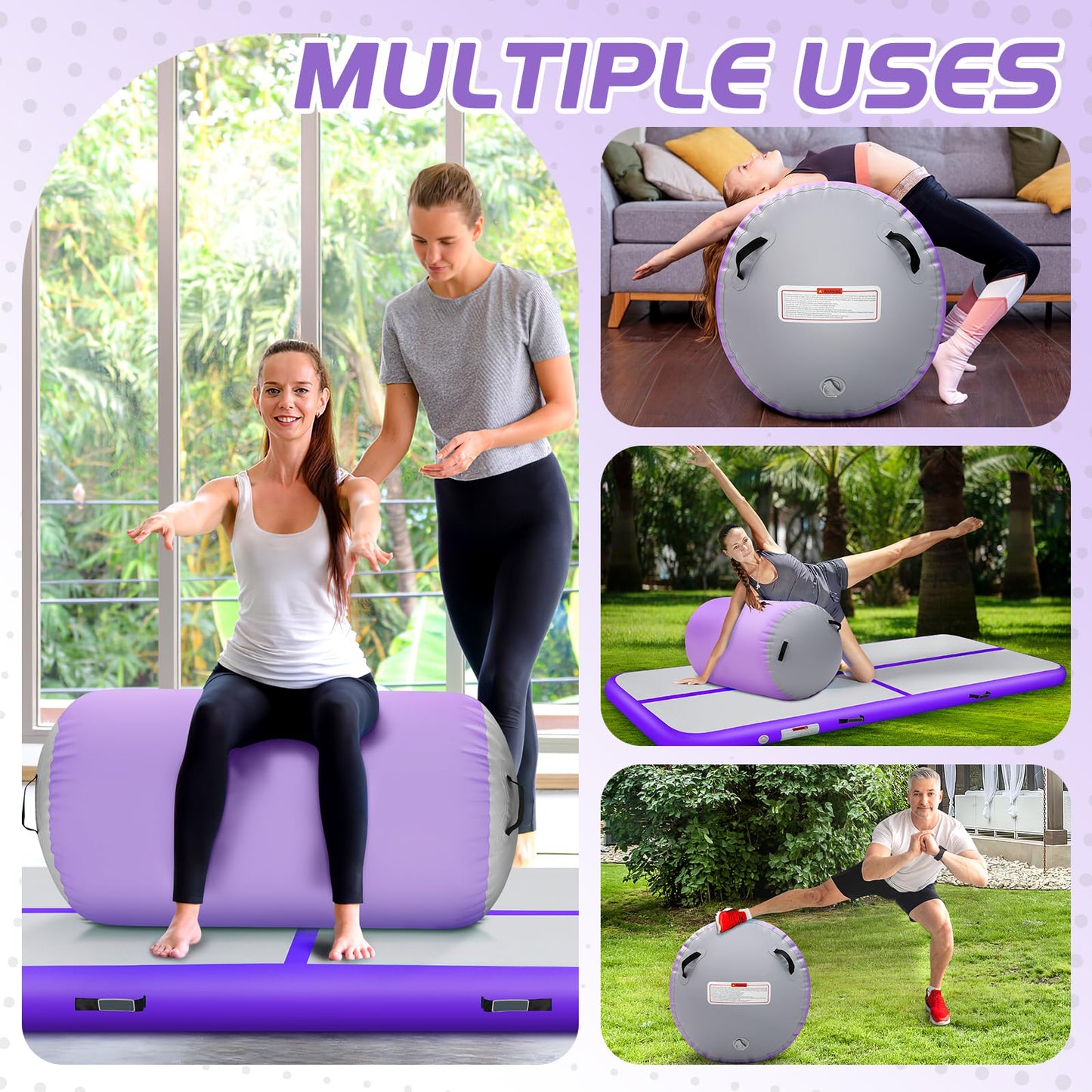 KIKILIVE Inflatable Gymnastics Tumble Mat 13ft and Air Roller 40x23inch Purple Gray, Air Mat Track 4 inches Thickness and Air Roller Gymnastics Barrel with Electric Air Pump for Home Use Outdoor Training Cheerleading Beach Park