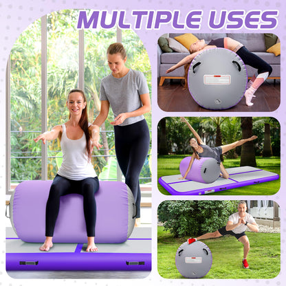 KIKILIVE Inflatable Gymnastics Tumble Mat 13ft and Air Roller 40x23inch Purple Gray, Air Mat Track 4 inches Thickness and Air Roller Gymnastics Barrel with Electric Air Pump for Home Use Outdoor Training Cheerleading Beach Park