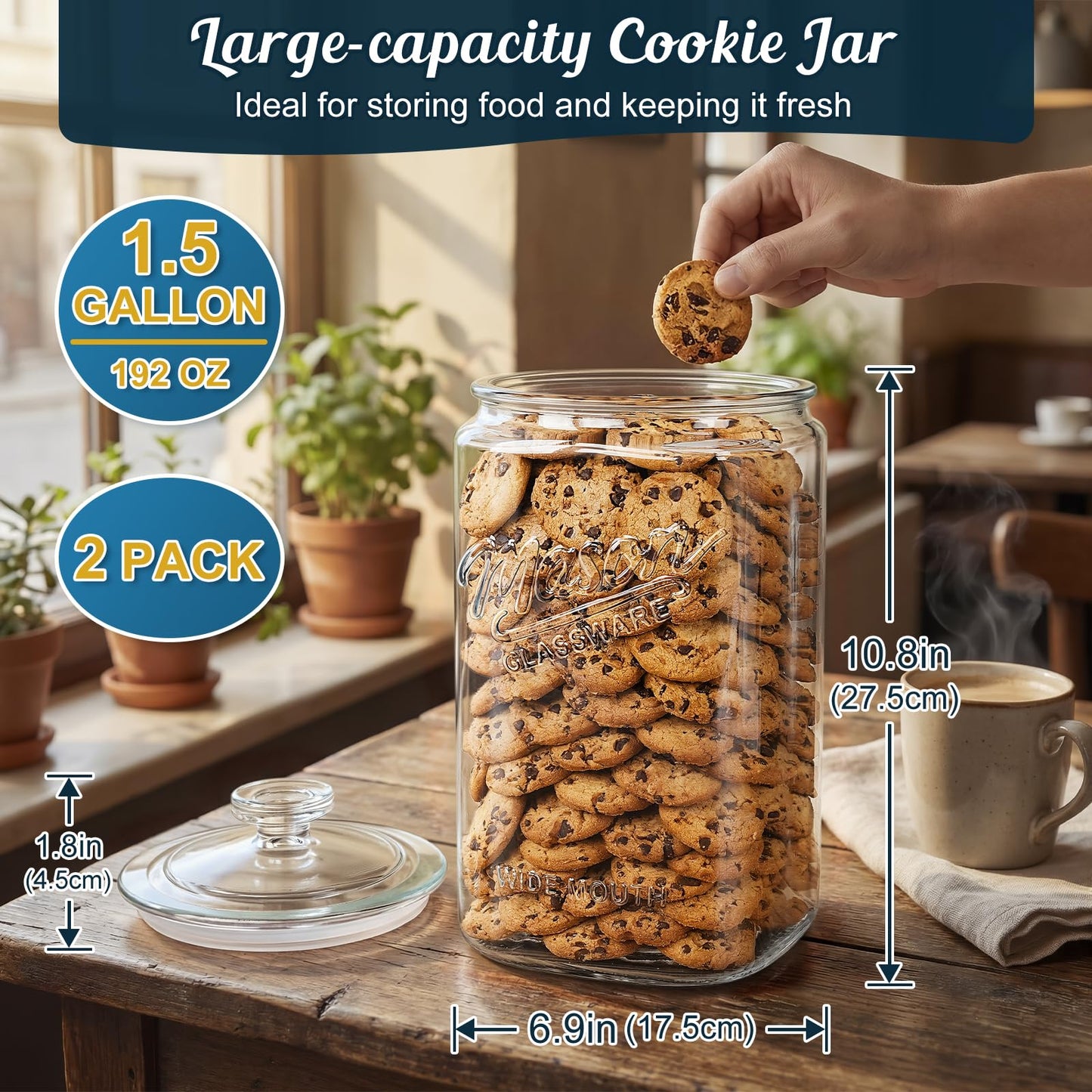 Dwbligt [NEW] Cookie Jars with Lids Airtight, 1.5 Gallon Large Glass Jar with Lid & Scale Mark, Heavy Duty Glass Canisters for Kitchen Counter, Pantry, Wide Mouth Mason Jar for Sugar, Dog Treat-2 PCS