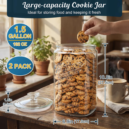 Dwbligt [NEW] Cookie Jars with Lids Airtight, 1.5 Gallon Large Glass Jar with Lid & Scale Mark, Heavy Duty Glass Canisters for Kitchen Counter, Pantry, Wide Mouth Mason Jar for Sugar, Dog Treat-2 PCS