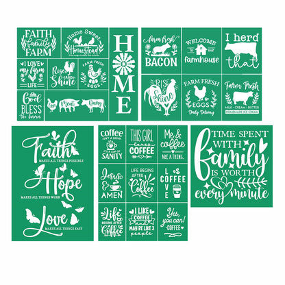 JAJADO Farmhouse/Coffee/Home/Family Silk Screen Stencils 5 Pcs, Silk Screen Transfer Reusable Adhesive Stencils Screen Printing Crafts Paint Stencils Painting on Wood/Fabric/Cup/Plate/Glass/Paper