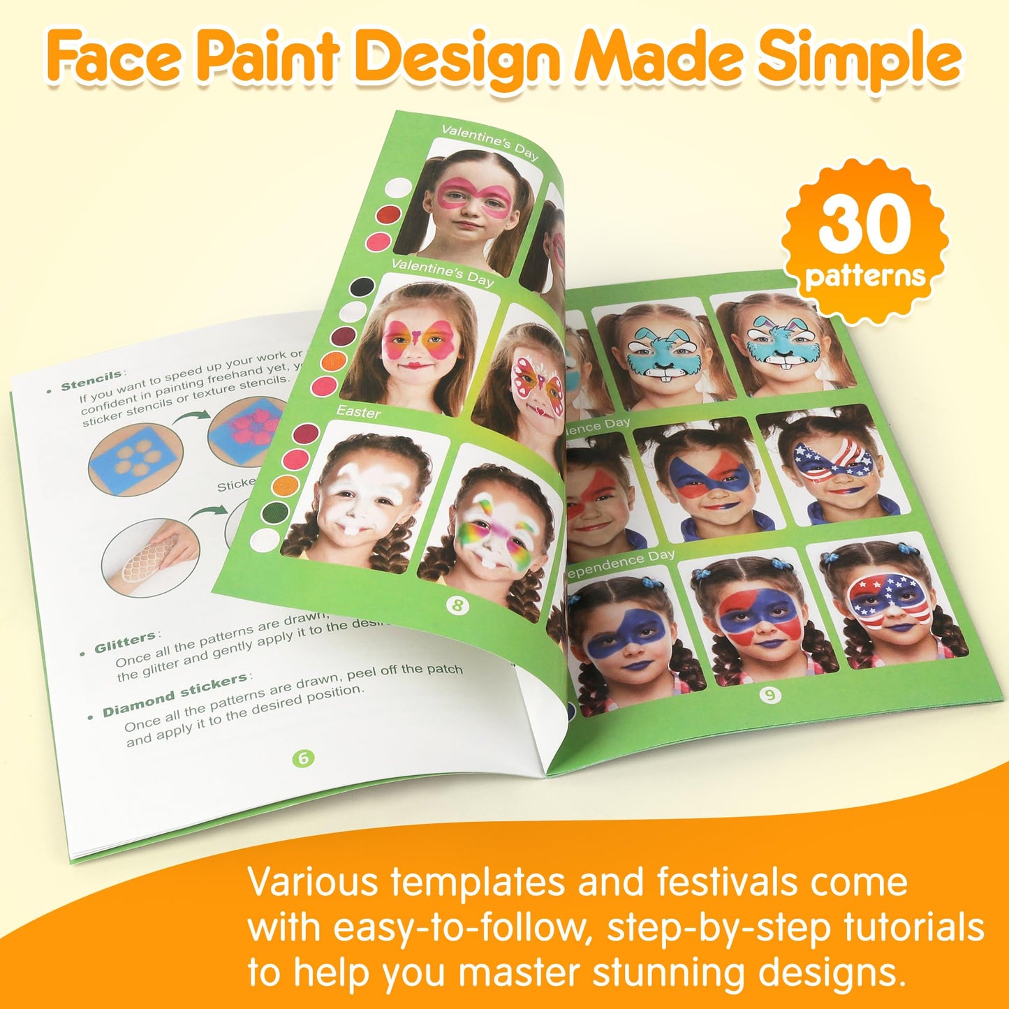 Mocoosy 41 Color Face Painting Kit for Kids, Non-Toxic Water Activated Face Paint Palette With Stencil, Brushes, Gem, Professional Body Makeup Kit for Cosplay Party, Carnival, Birthday, Costume Party