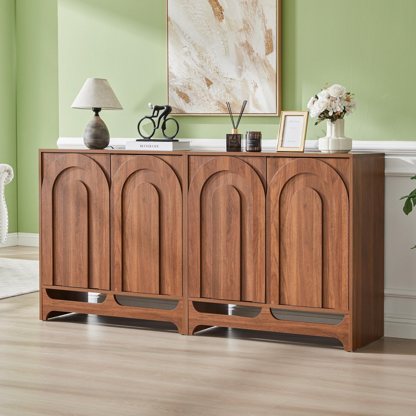 Bifins Modern Buffet Cabinet with Storage, 94.5" W Fluted Arched Sideboard Cabinet with Adjustable Shelves & Doors, Wooden Coffee Bar Storage Station for Dining Room, Kitchen, Living Room, Entryway