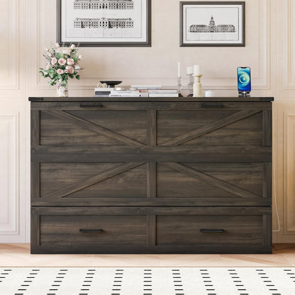 Ball & Cast Murphy Bed Queen,Farmhouse Hideaway Cabinet Bed with Charging Station and Large Storage Drawer,Foldable Wall Murphy Beds w/Slat Support,Space-Saving Furniture for Study,Office,Rustic Gray