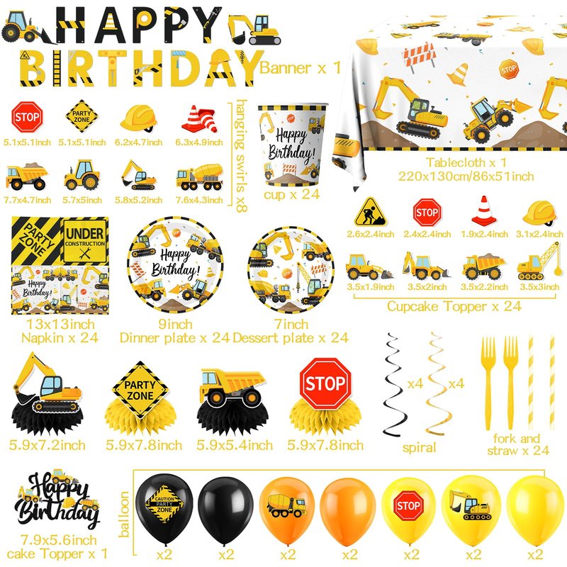Construction Birthday Decorations,245PCS Construction Birthday Party Supplies-Includes Plates Napkins Cups Banner Balloons Tablecloth and Cake Toppers for Kids TruckTheme Celebration Tableware