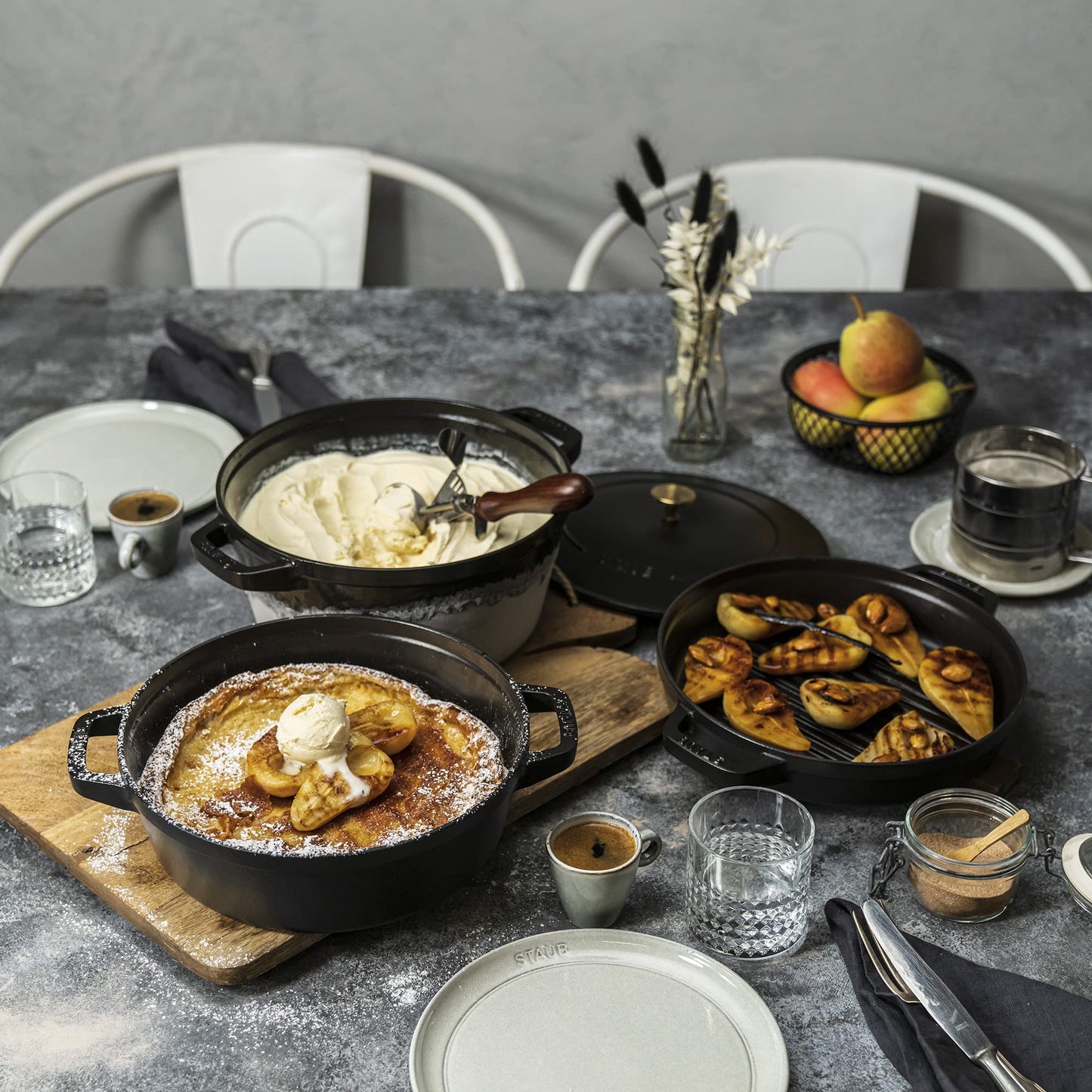 STAUB Cast Iron Set 4-pc, Stackable Space-Saving Cookware Set, Dutch Oven, Skillet, Grill Pan with Universal Lid, Made in France, Matte Black