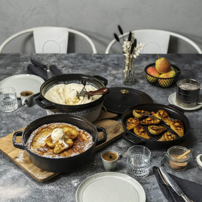 STAUB Cast Iron Set 4-pc, Stackable Space-Saving Cookware Set, Dutch Oven, Skillet, Grill Pan with Universal Lid, Made in France, Matte Black
