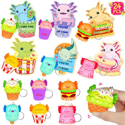 EULRGAUS Valentines Day Cards for Kids School, 24 PCS Food Axolotl Slow Rising Squishy Toys, Valentines Cards for Kids Classroom with Keychains, Valentines Classroom Exchange Party Favors Gifts