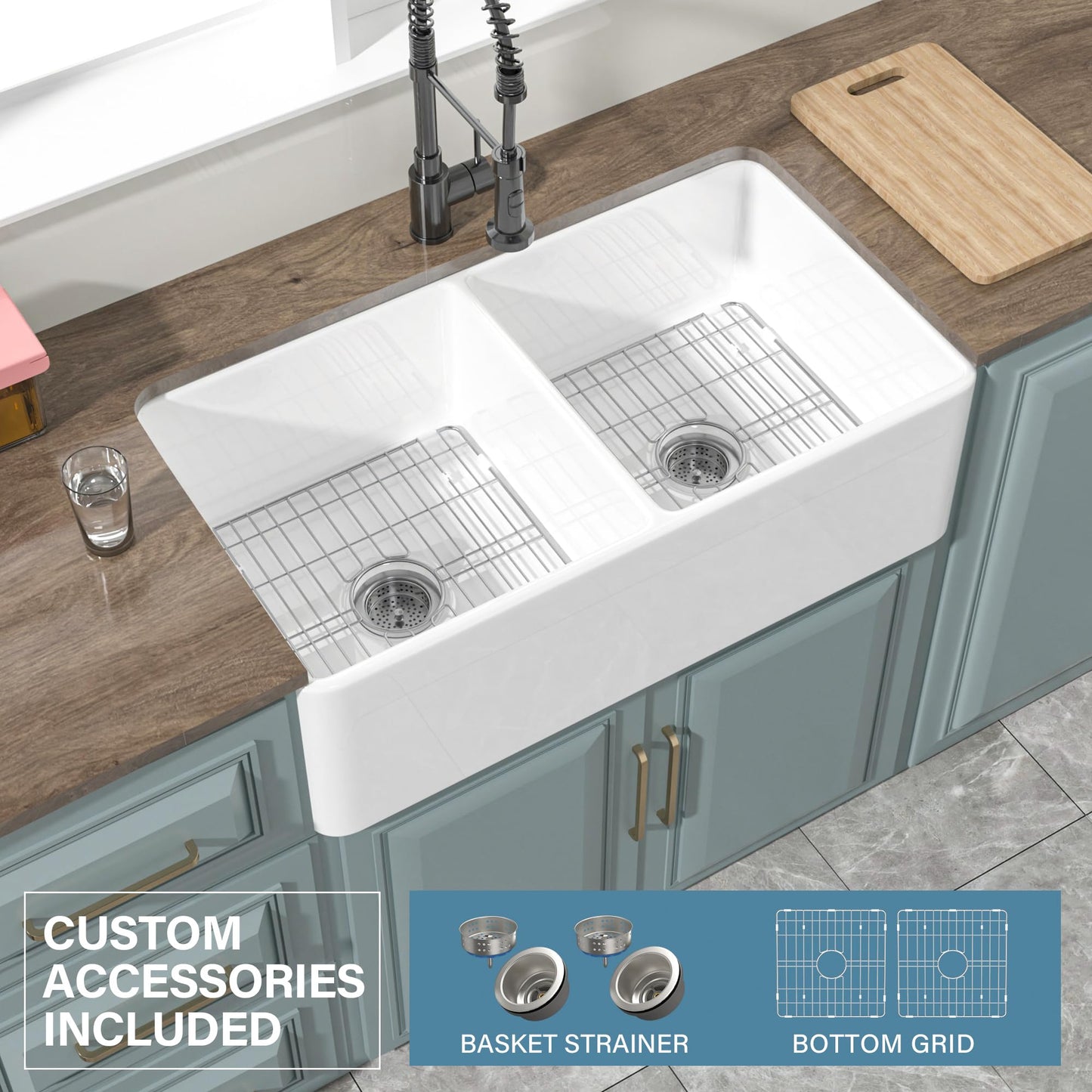 HOMLYLINK Double Bowl Farmhouse Sink White 33 x 18 Inch, Firecaly Apron Front Undermount Farm Sink Reversible(Sleek & Fluted Optional), Heavy-duty Dual Basin 50/50, for Kitchen
