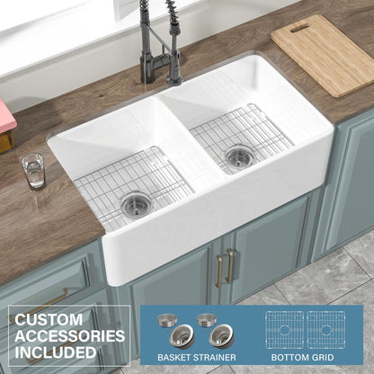 HOMLYLINK Double Bowl Farmhouse Sink White 33 x 18 Inch, Firecaly Apron Front Undermount Farm Sink Reversible(Sleek & Fluted Optional), Heavy-duty Dual Basin 50/50, for Kitchen
