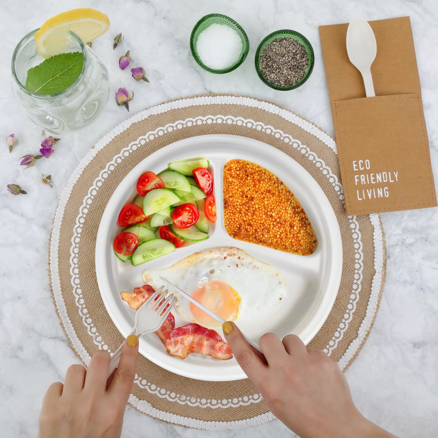 BIRCHIO 150-Piece 100% Compostable 10in Paper Plates, 3-Compartment Heavy Duty Disposable Eco-Friendly Biodegradable Sugarcane Fiber Plates