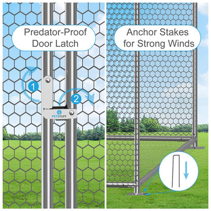 PETS TUFF Chicken Chalet - Chicken Coop for Chickens, Ducks, Rabbits & More - Predator-Resistant, Strong Wire with Mesh Bottom - Wheels for Easy Moving - Wind & Snow Durable Chicken Pen - 124”x81”x79”