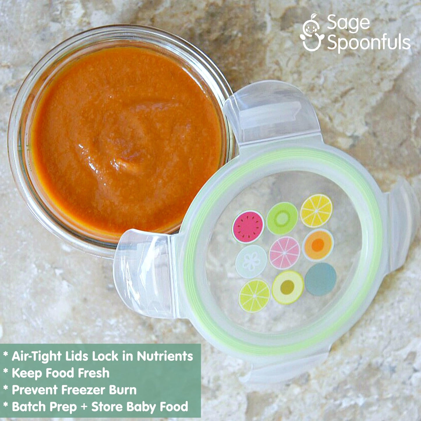 Sage Spoonfuls Glass Baby Food Containers with Lids - 4 Pack, 7 oz Baby Food Jars, Durable, Leakproof & Airtight, Freezer Storage, Reusable Glass Baby Food Containers, Microwave & Dishwasher Safe