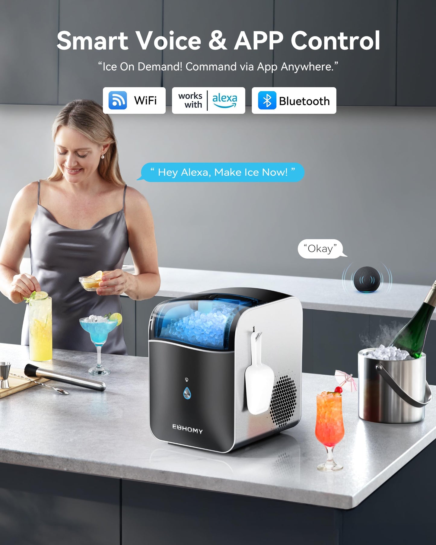 EUHOMY Smart Nugget Ice Maker Countertop, Pebble Ice Maker Machine with APP Control, 40lbs/24H, Ready in 7 Mins, Self-Cleaning, Portable Sonic Ice Makers with Hanging Ice Scoop for Home/Kitchen/Office