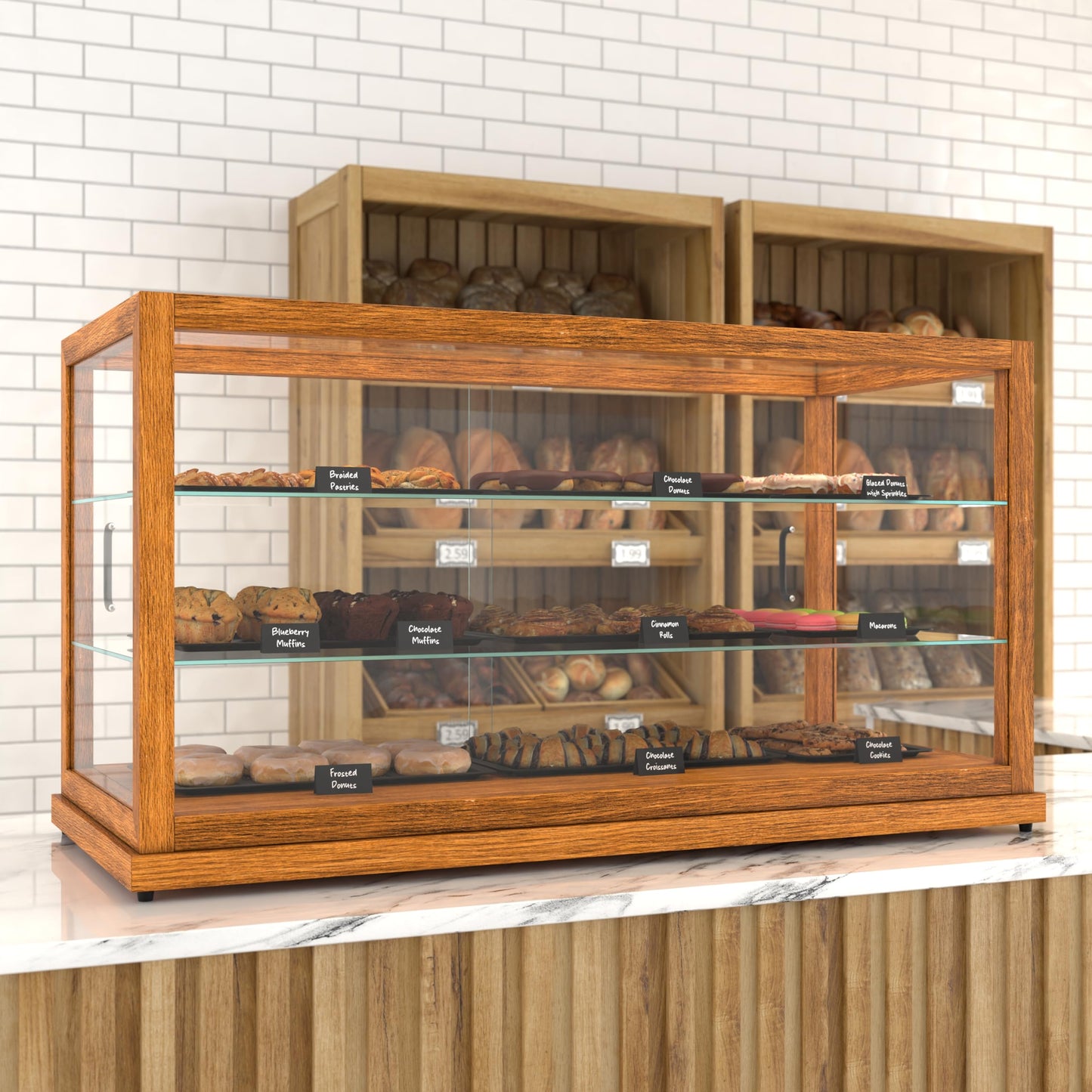 KoolMore 44 in. Horizontal Light Wood Countertop Dry Bakery Display Case, Large Bread, Pastry and Dessert Display with Tempered Glass