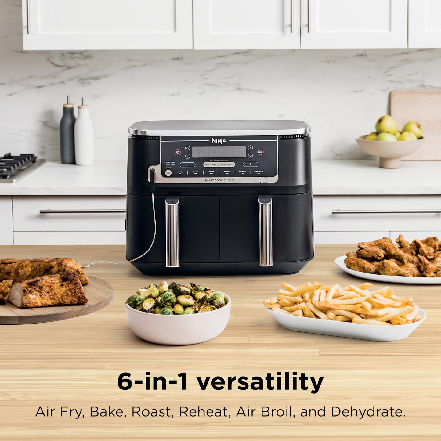 Ninja Foodi Air Fryer w/ Smart Cook Thermometer | 6-in-1 Air Fry, Roast, Bake, Dehydrate & More | DualZone™ Match Cook & Smart Finish, 2 Independent Baskets | XL 10 Qt, Stainless Steel | Black, DZ550