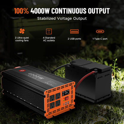 4000 Watt Power Inverter 12V DC to 110V/120V AC Converter Peak Power 8000W Car Inverter with LCD Display 4 AC Outlets, 2 USB & Type-C Port for RV,Truck,Off-Grid Solar System with Remote Controller
