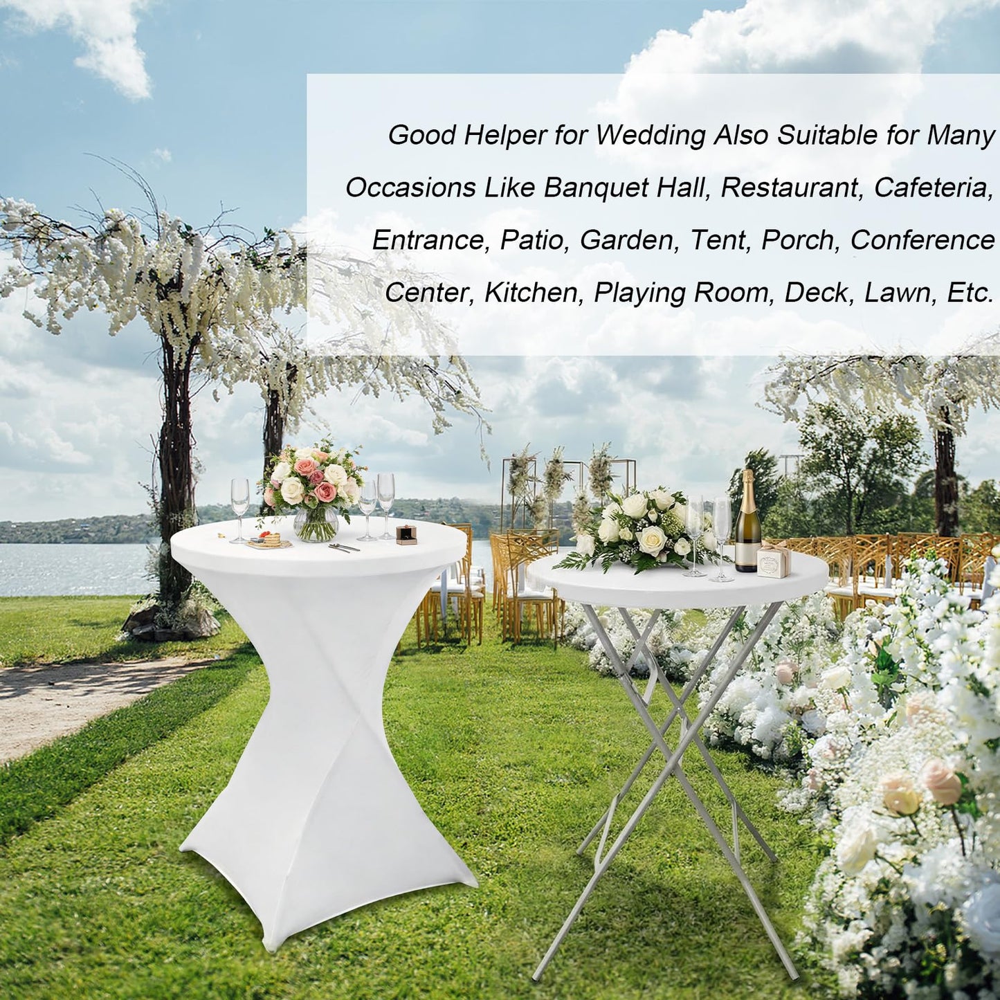 HTVSHEE 2 Set 32" Cocktail Tables Round Folding High Top Tables with Removable Legs & 2 White Stretch Table Cover Hightop Table for Bar Indoor Parties Patio Wedding