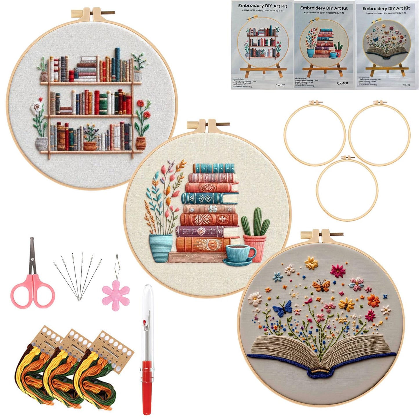Embroidery Kit for Adults, Pre-Stamped Pattern Embroidery Kit for Beginners, Needlepoint Starter Kit with Hoop Thread Needle Instruction, 7.9'' Hoop (Book Lover 3 Packs)