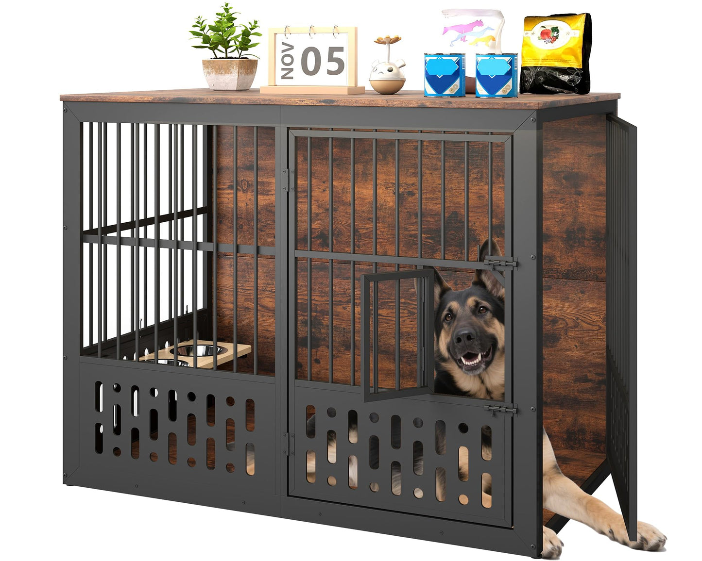 Yafylly 48 Inch XXL Dog Crate Furniture, Wooden Chewproof Dog Kennel with Interactive Window, 360° Adjustable Bowls (5 Heights), Storage Table Top, Heavy Duty XL Dog Crate for Medium Large Dogs, Brown