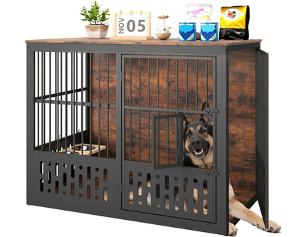 Yafylly 48 Inch XXL Dog Crate Furniture, Wooden Chewproof Dog Kennel with Interactive Window, 360° Adjustable Bowls (5 Heights), Storage Table Top, Heavy Duty XL Dog Crate for Medium Large Dogs, Brown