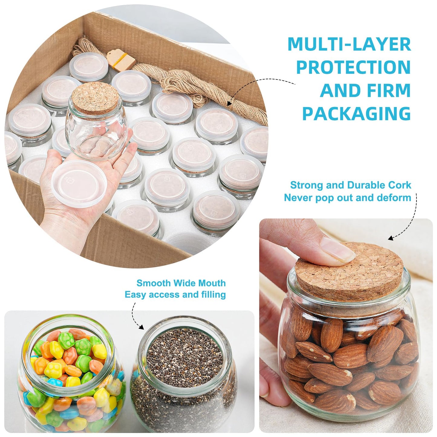 Syntic 40 Pack Small Glass Jars with Cork Lids, 7oz Empty Mason Jars for Making Candles, Yogurt Container with PE Lids for Wedding Favors, Baby Shower, Candy, Spices with Twine, Labels