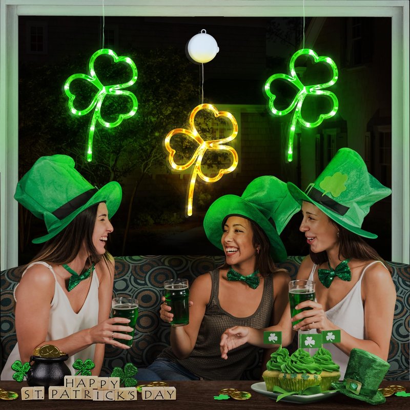 [Timer] 3 Pack St Patricks Day Decorations Shamrock Window Lights Battery Operated with Suction Cup & Hook, Saint Patricks Day Lucky Gold Green Clover Lights for Indoor Outdoor Party Irish Decor