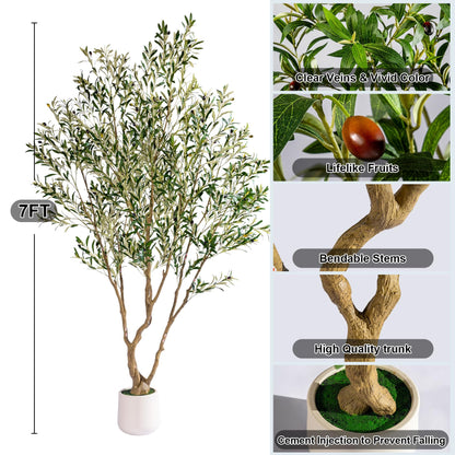 7ft Faux Olive Tree with Pot & Moss Artificial Olive Plant Fake Olive Tree for Home Decor, Large Indoor Artificial Trees Faux Plants Indoor Durable Artificial Trees for Living Room/Office