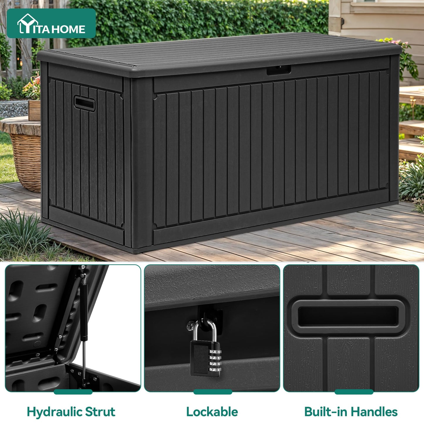 YITAHOME 320 Gallon Extra Large Deck Box, Double-Wall Resin Outdoor Storage Box with Flexible Divider for Patio Cushions Pool Supplies Garden Tools, 1000lbs Load Capacity, Lockable&Waterproof (Black)