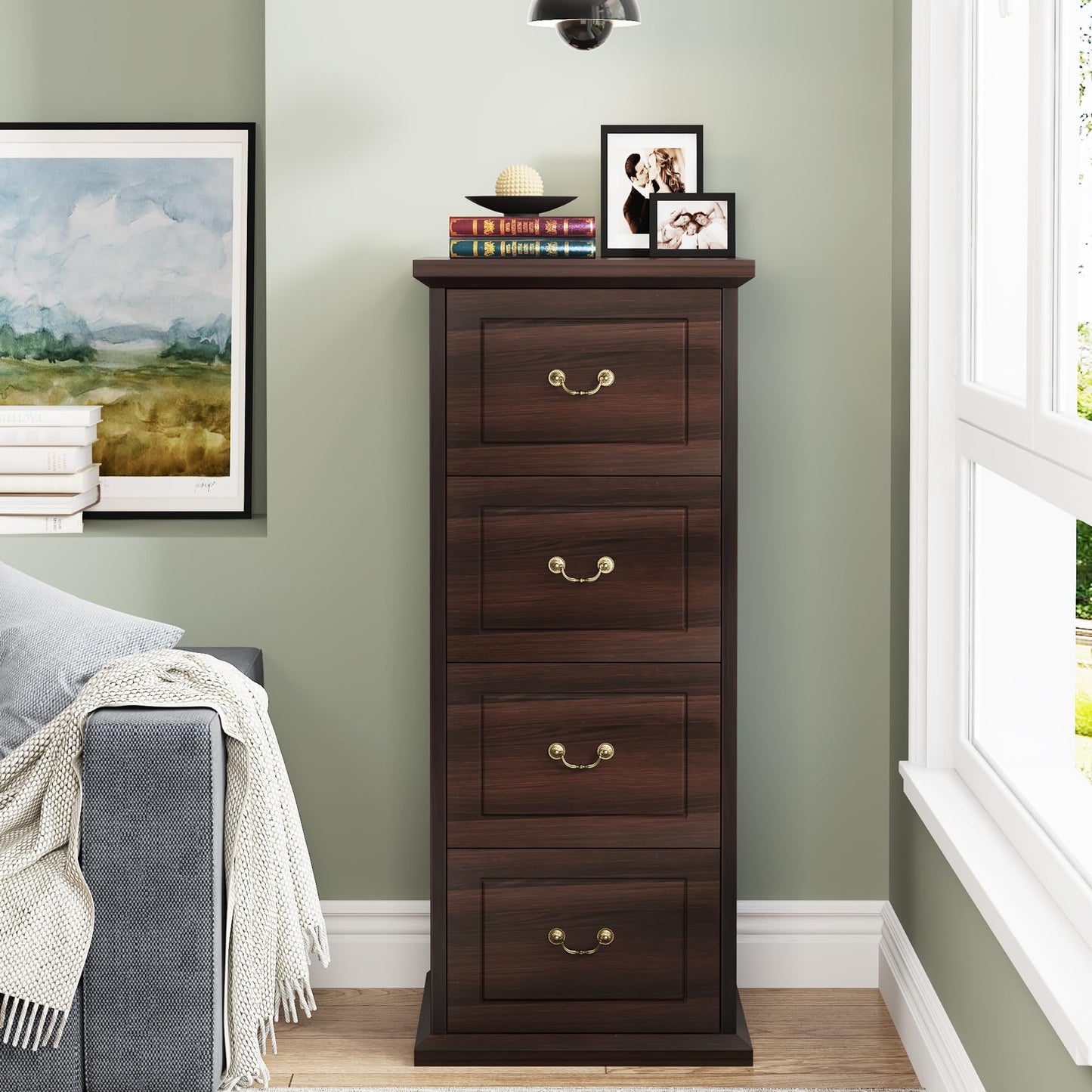 Tribesigns 4-Drawer File Cabinet, Vertical Wood Filing Cabinet for A4/Letter Size, Tall Office Drawer Chest, Rustic Storage Organizer Unit for Home Office, Dark Walnut