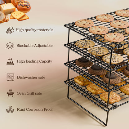 4PCS Cooling Racks for Cooking and Baking, Collapsible 4 Tiers 10"X16" Cool Batches of Cookies, Non-Stick & BPA-Free, Oven and Dishwasher Safe (Black-202)