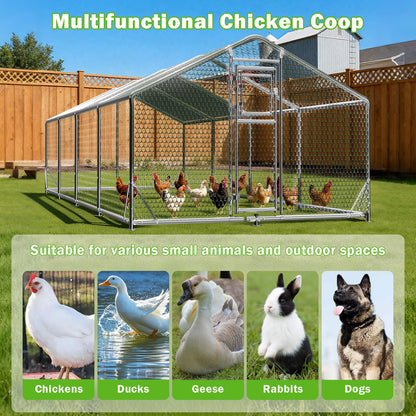 10x26FT Metal Chicken Coop, Dutch Door Chicken Run with Chicken Perch, Cover and Chicken Wire, Walk in Duck Pen for Backyard Poultry and Pet Farming