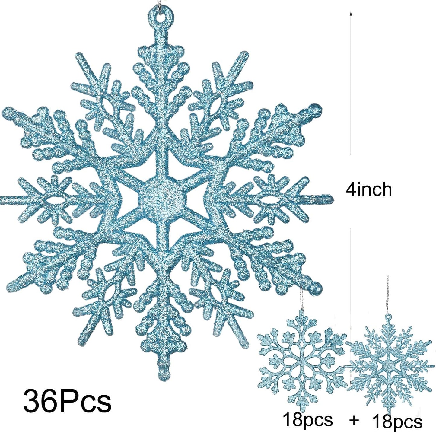 DearHouse 36pcs Plastic Snowflake Ornaments, Tiny Sparkling Glitter Snowflake Decorations on String for Christmas Trees