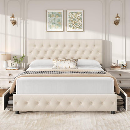 Keyluv Modern Queen Size Upholstered Bed Frame with 4 Storage Drawers, Button Tufted Headboard Design, Solid Wooden Slat Support, Easy Assembly, Soft Velvet, Beige