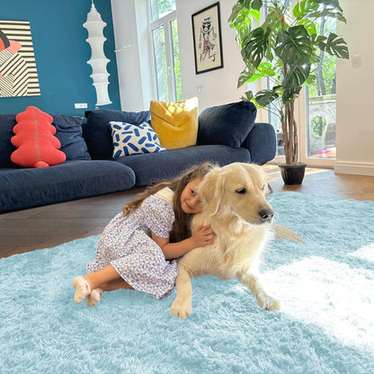 OLANLY Machine Washable Runner Rugs - Soft Fluffy Shaggy Indoor Carpet for Bedroom & Hallway | Light Blue