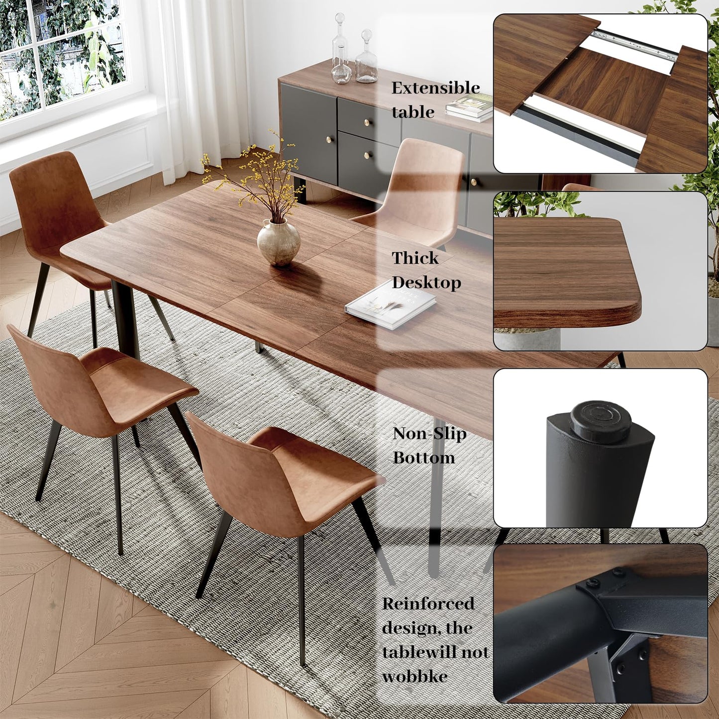 HIPIHOM 63"- 78.7" Extendable Dining Table Set for 6, 4-6 Person Modern Kitchen Table with 6 Brown Upholstered Dining Chairs, Thickened Expandable Wood Table Tops with Metal Bases, Walnut Dinner Table