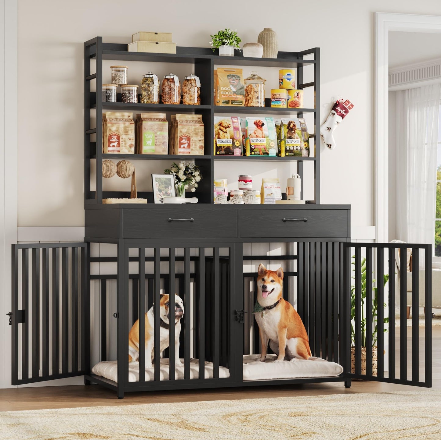 Keyluv 71''H x 47.2''W Large Dog Crate Furniture with 4-Tier Shelves and 2 Storage Drawers, Heavy Duty Dog Cage Furniture with 2 Doors, Wood & Metal Dog Kennel Indoor for Small/Medium/Large Dog, Black