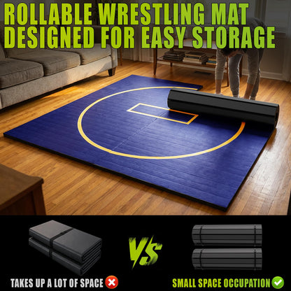 AORSUS 10ft x 10ft Wrestling Mat for Home, 1.25" High-Density EVA Foam Roll-Up Grappling Mat – Professional BJJ, MMA, Judo Training Surface – Portable Roll-Out Gymnastics Mat for Home Gym & Dojo, Blue