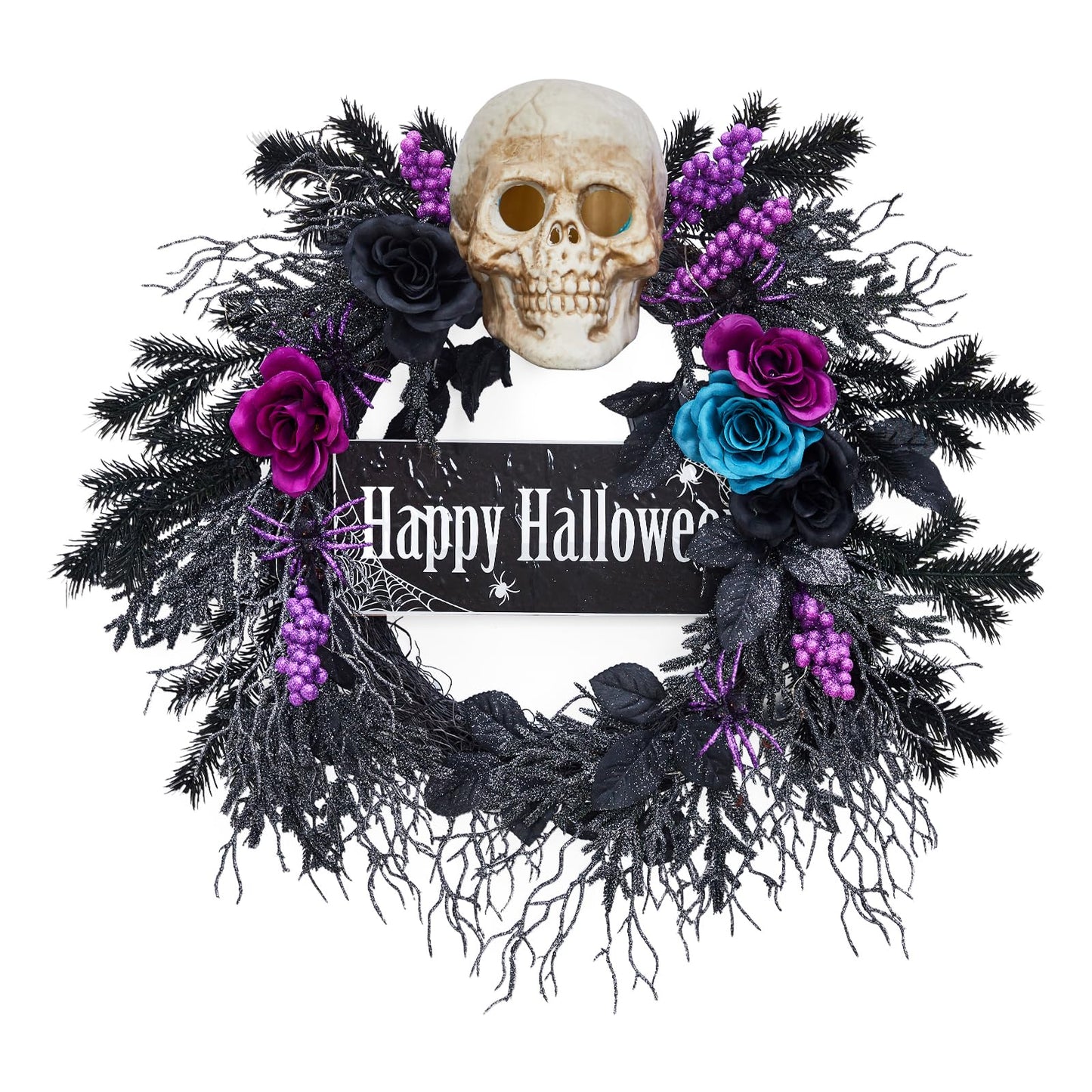 22 in Halloween Wreath for Front Door, Halloween Skull Wreath with Lights, Spooky Halloween Wreaths with Black, Blue, Purple Flowers, Indoor/Covered Outdoor Halloween Props Decoration