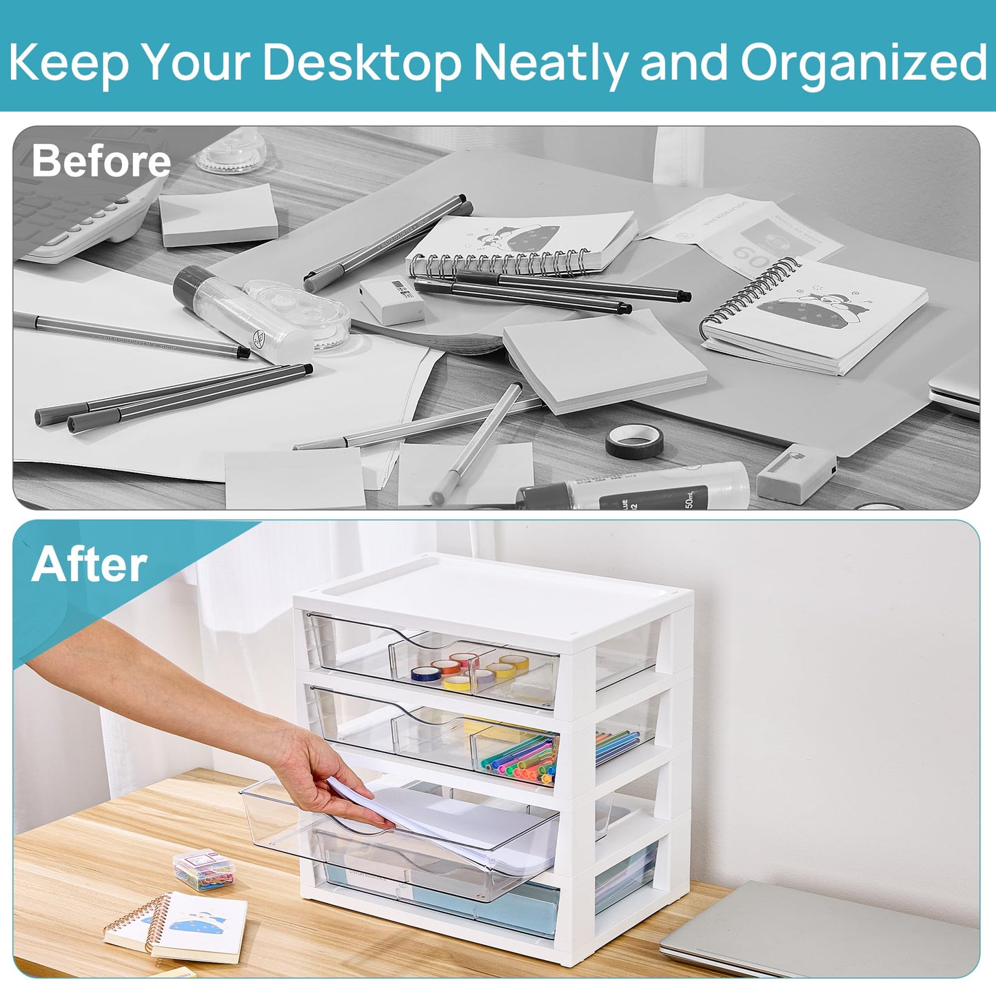 Vtopmart Clear Desk Organizer, 4-Tier Assemble Desktop File Organizer with Drawers, Office Desk Organization for Office Supplies