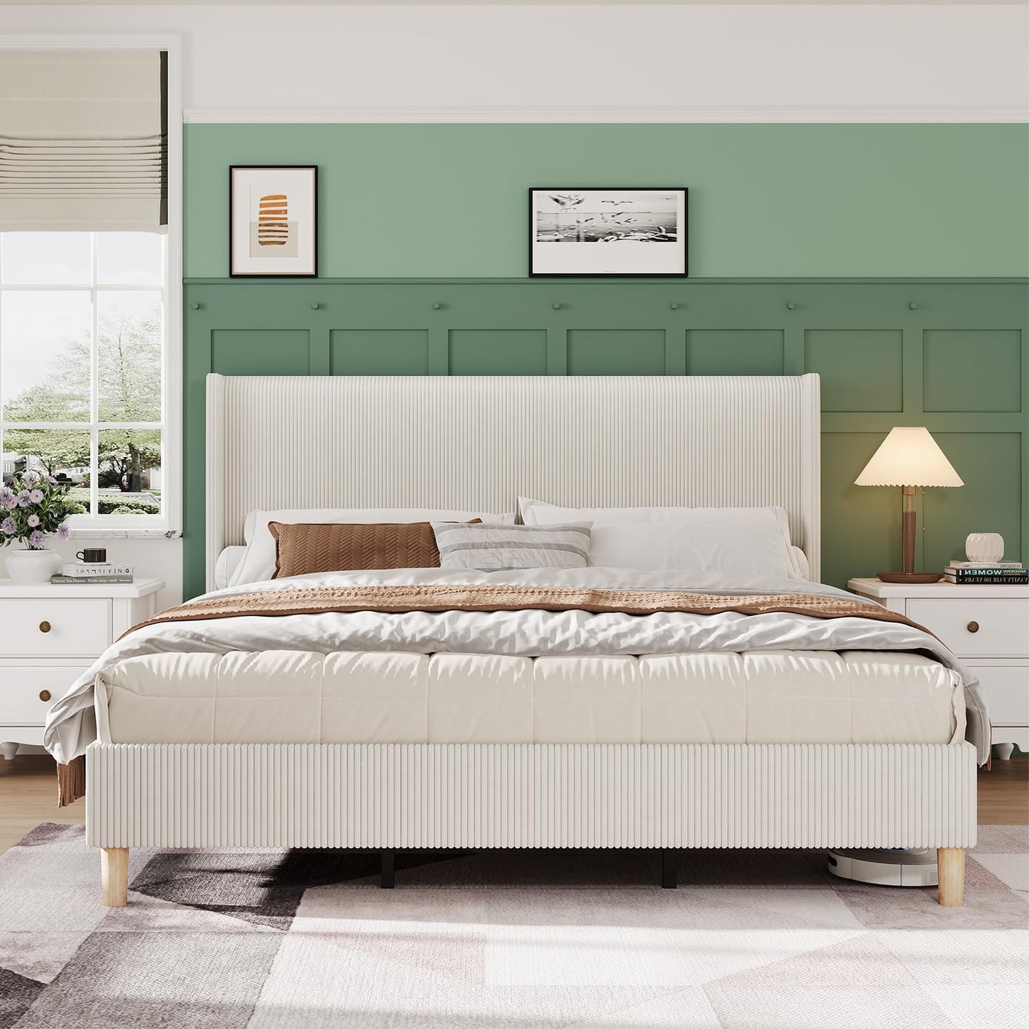 GarveeLife King Size Corduroy Upholstered Bed Frame, 50.4" Wingback Headboard with Sponge Padding, Wooden Slats Support, Noise‑Free, No Box Spring Needed, Beige