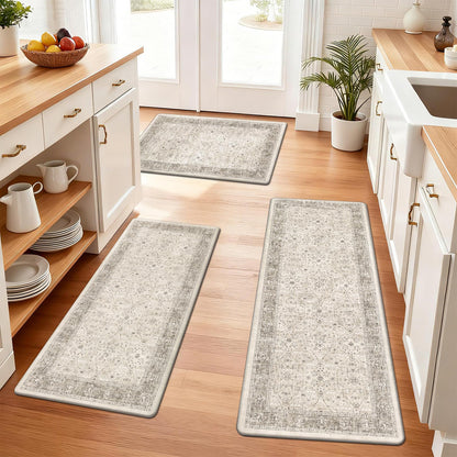 Pauwer Anti Fatigue Kitchen Floor Mats Set of 3, PVC Foam Padded Kitchen Rugs, Non Slip Cushioned Comfort Standing Mat, Waterproof Sink Rug for Small Kitchen Area, Laundry Room, Khaki