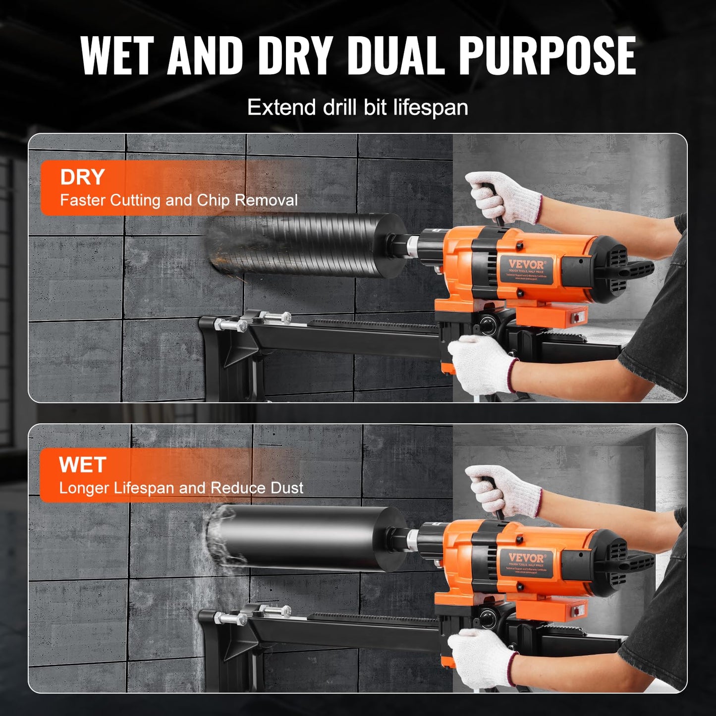 VEVOR Core Drill Machine, 0.8-11.8in Drilling Diameter Diamond Core Drill Rig with Stand and Core Drill Bit, 3500W Rugged Concrete Core Drill, Wet and Dry Use, For Concrete, Brick, Marble