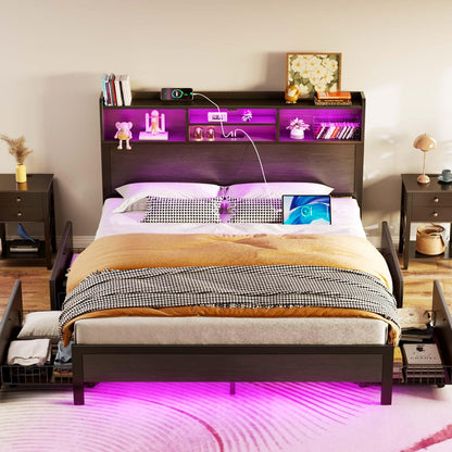 Rolanstar Full Bed Frame with Storage,4-Drawer Platform Bed with USB Charging Station,Built in LED Lights and Bookcase Headboard,No Box Spring Needed,Easy Assembly,Noise-Free,Black
