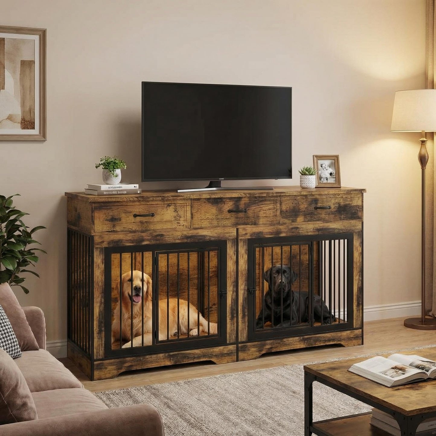 Extra Large Double Dog Crate Furniture – 70.9" Heavy Duty Wooden Kennel for 2 Medium or Large Dogs, Decorative End Table with 3 Drawers, TV Stand, Indoor Dog Cage with Double Doors