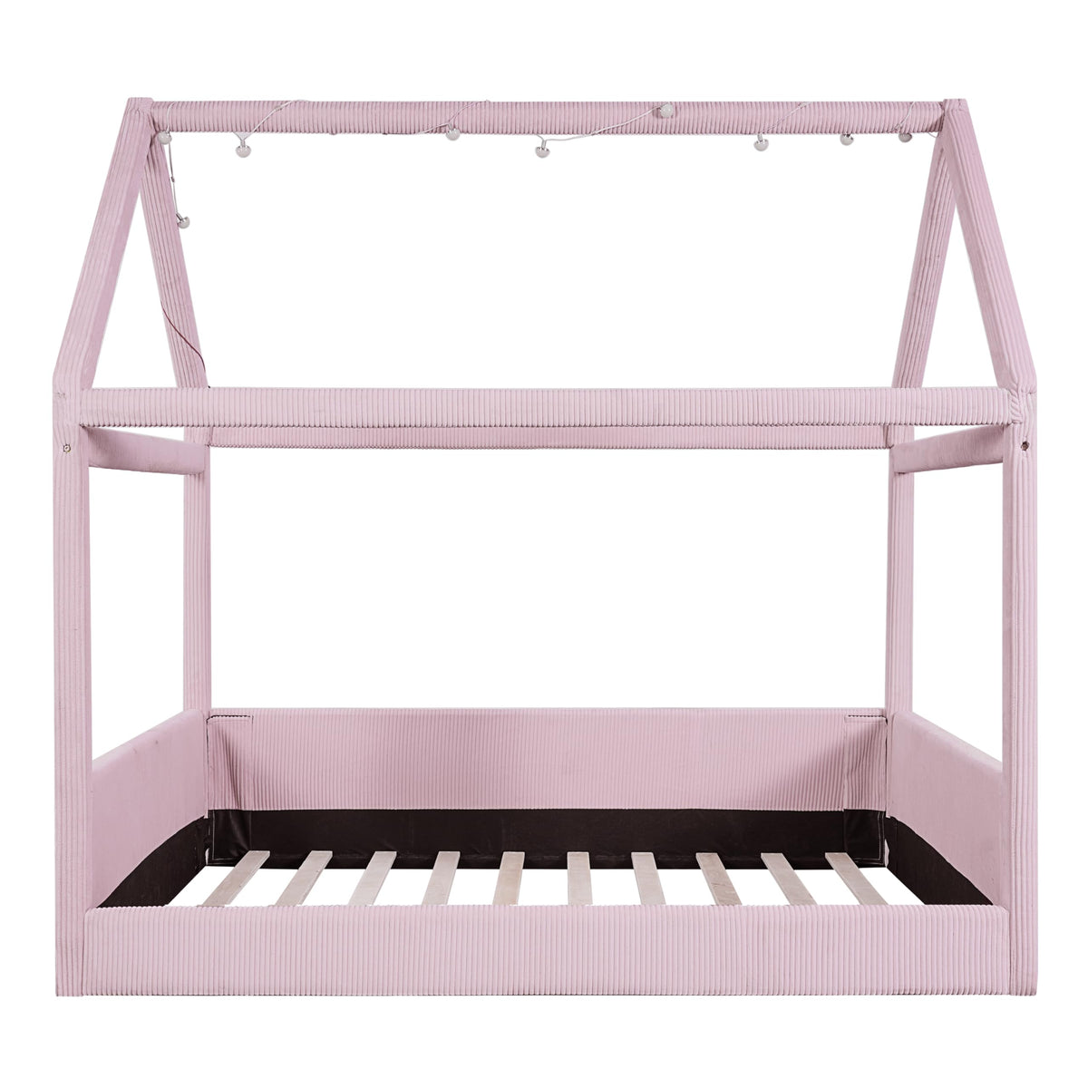 Merax Modern Upholstered House Bed, Floor Upholstered Sofa Daybed with Wood Slat Support,Platform Bed Frame with Headboard/Full, Pink