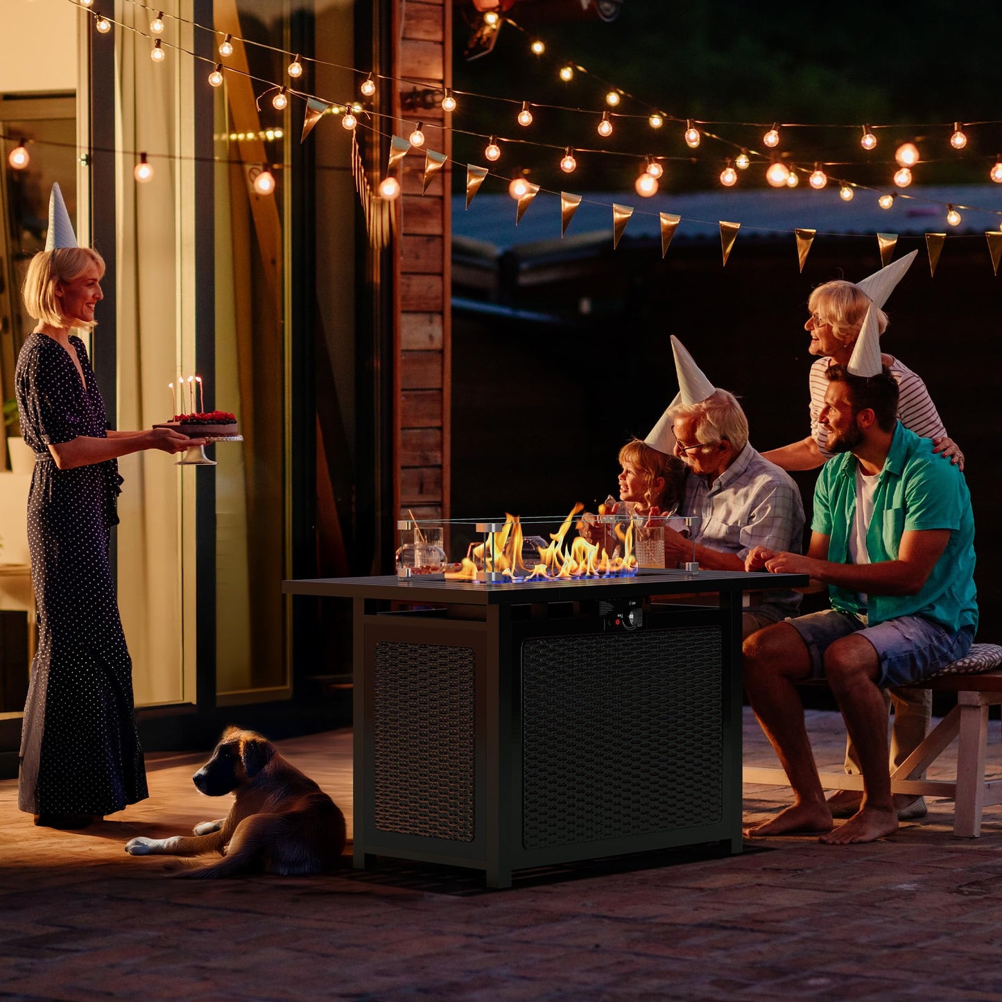 FansaFurn 43” Outdoor Propane Fire Table Set with Heavy-Duty Glass Stones, Glass Wind Guard, Lid & Water-Resistant Cover, 50,000 BTU Metal Fire Pit Table, Rectangle Fire Pit Table for Patio, Deck
