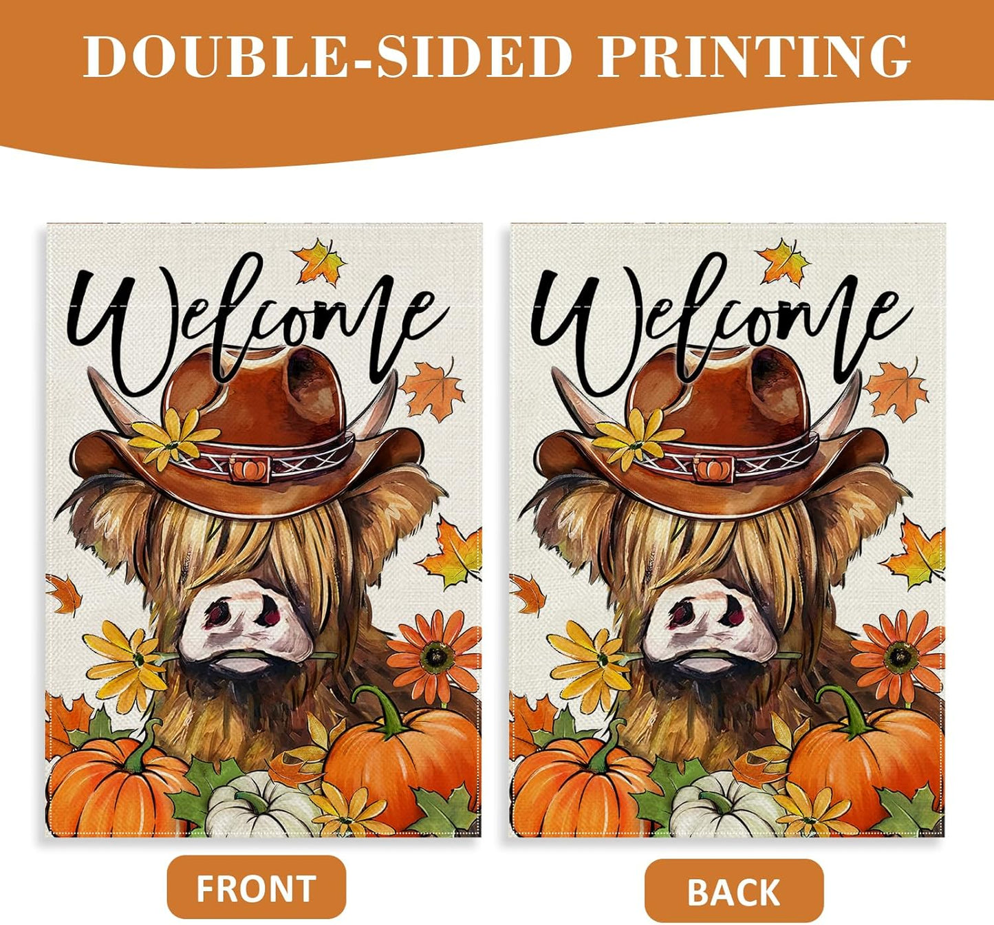 Welcome Fall Highland Cow Decorative Garden Flag, Autumn Farm Animal Pumpkin Maple Leaves Yard Decor 12 x 18